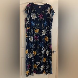 Chico’s Navy Floral Flutter Sleeve Dress Elastic Waist Sz 4 Classic Office